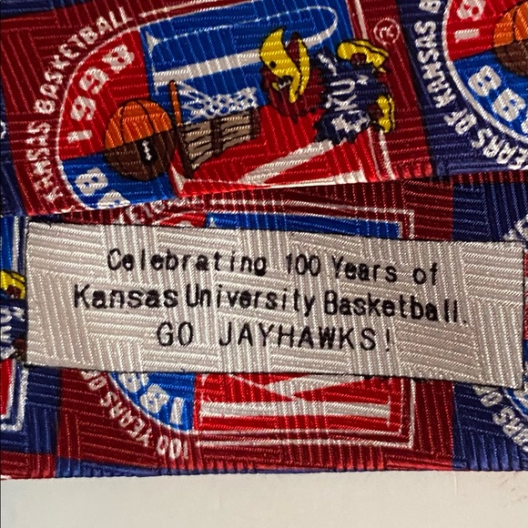 Preowned Mens Necktie. Kansas Jayhawks. Basketball 1898-1998. Red/Blue. - Picture 6 of 8